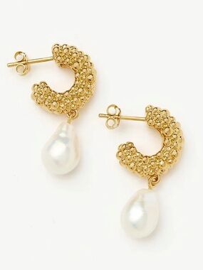 Missoma Gold Textured Hoop Earrings with White Pearl Drops